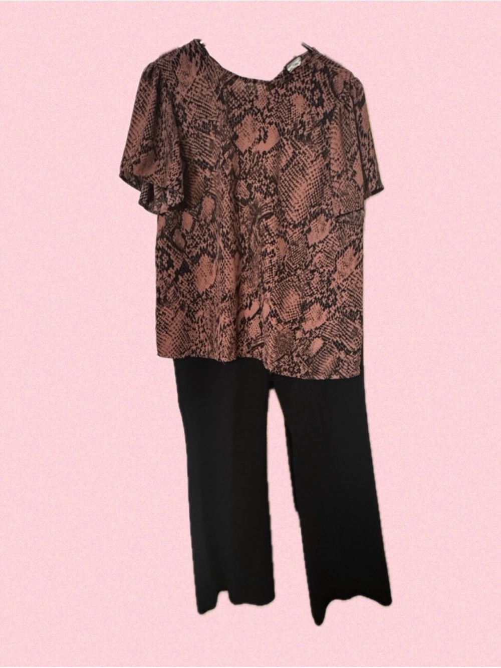 Women’s Pink Snake-Print Blouse & Black Wide-Leg Pants Set
